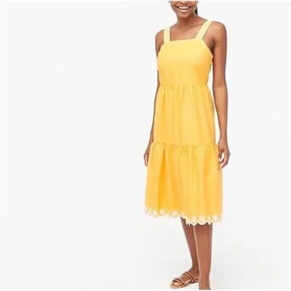 J. Crew Embroidered Scalloped Tiered Dress Saffron Yellow Size 6
